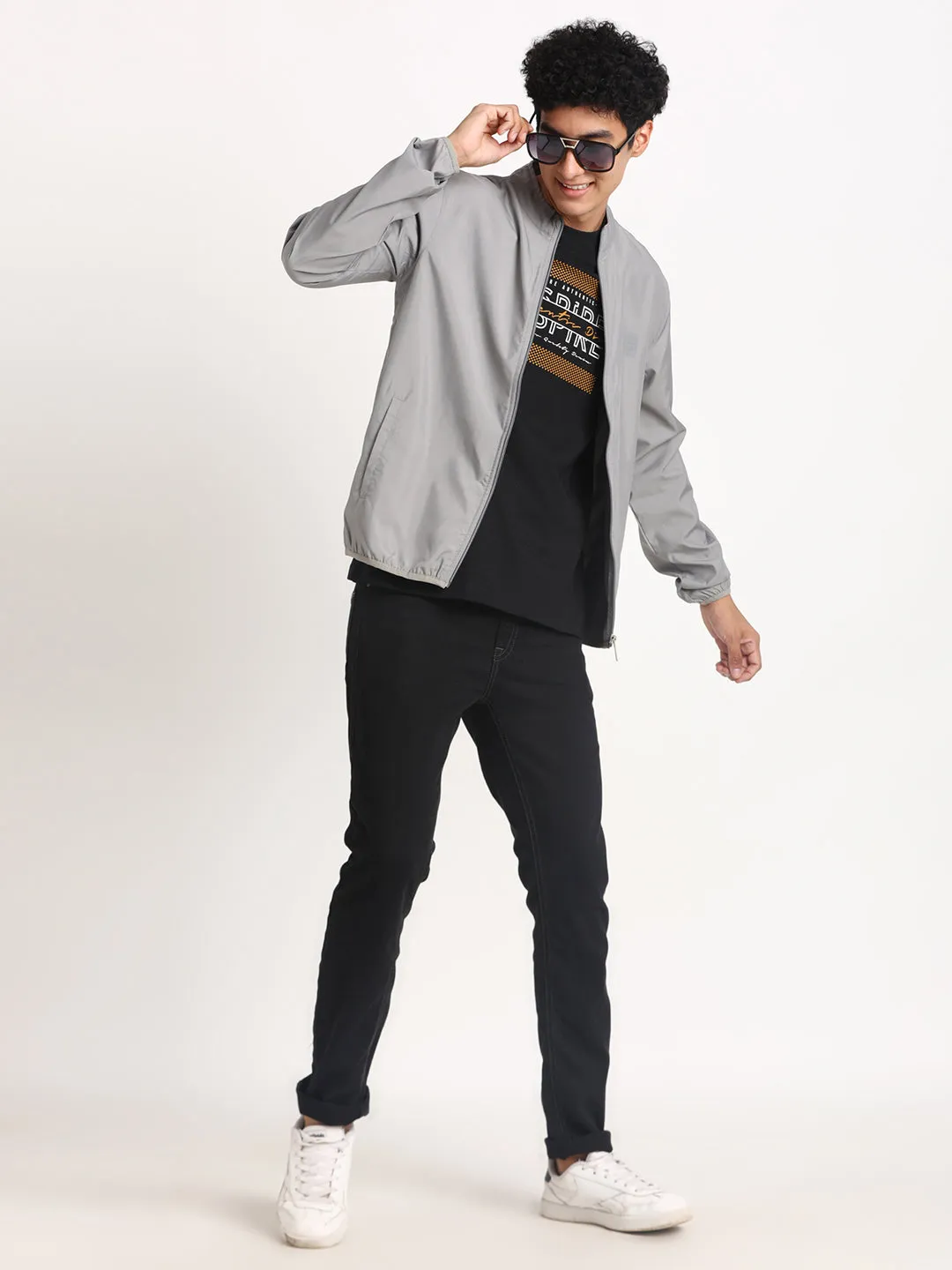 Polyester Grey Plain Regular Fit Full Sleeve Casual Windcheater