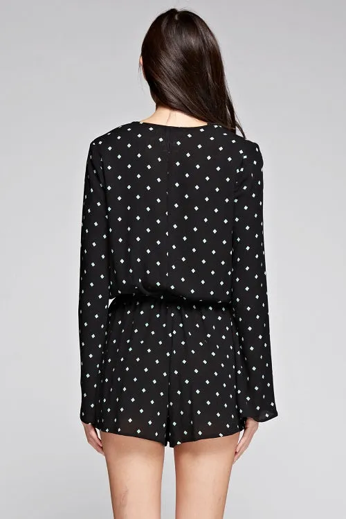 Printed Bell Sleeve Wrap Front Romper
