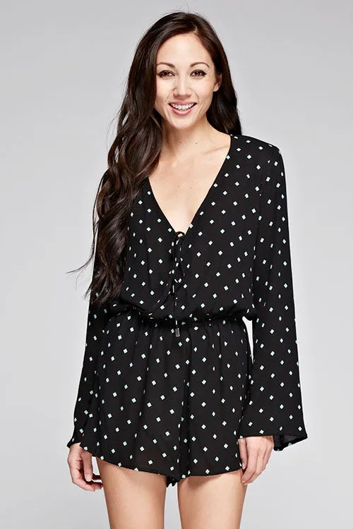 Printed Bell Sleeve Wrap Front Romper