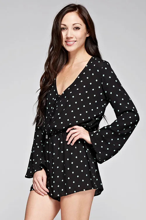Printed Bell Sleeve Wrap Front Romper