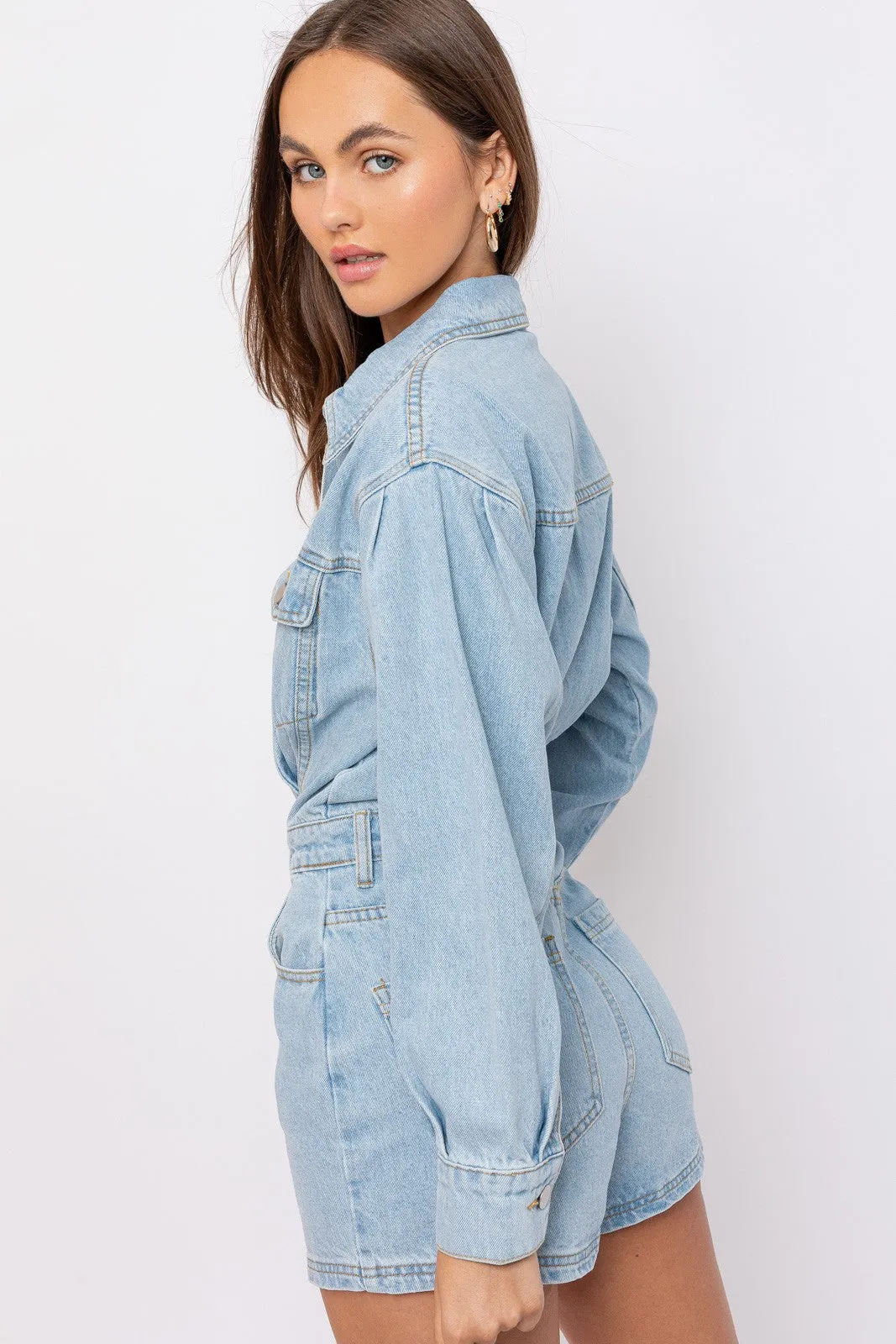 "Broadway Girls" Long Sleeve Light Denim Romper