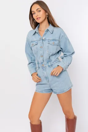 "Broadway Girls" Long Sleeve Light Denim Romper