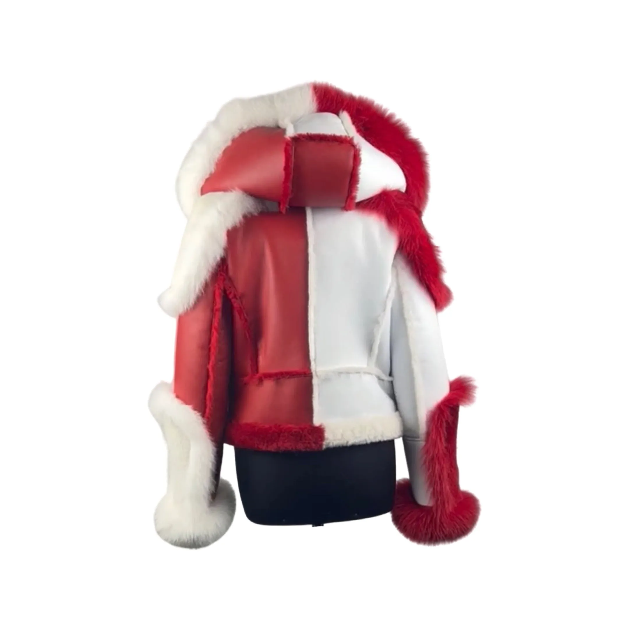 Red and White Biker Shearling Jacket with Fox Trim Style# 3105