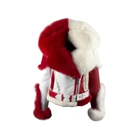 Red and White Biker Shearling Jacket with Fox Trim Style# 3105