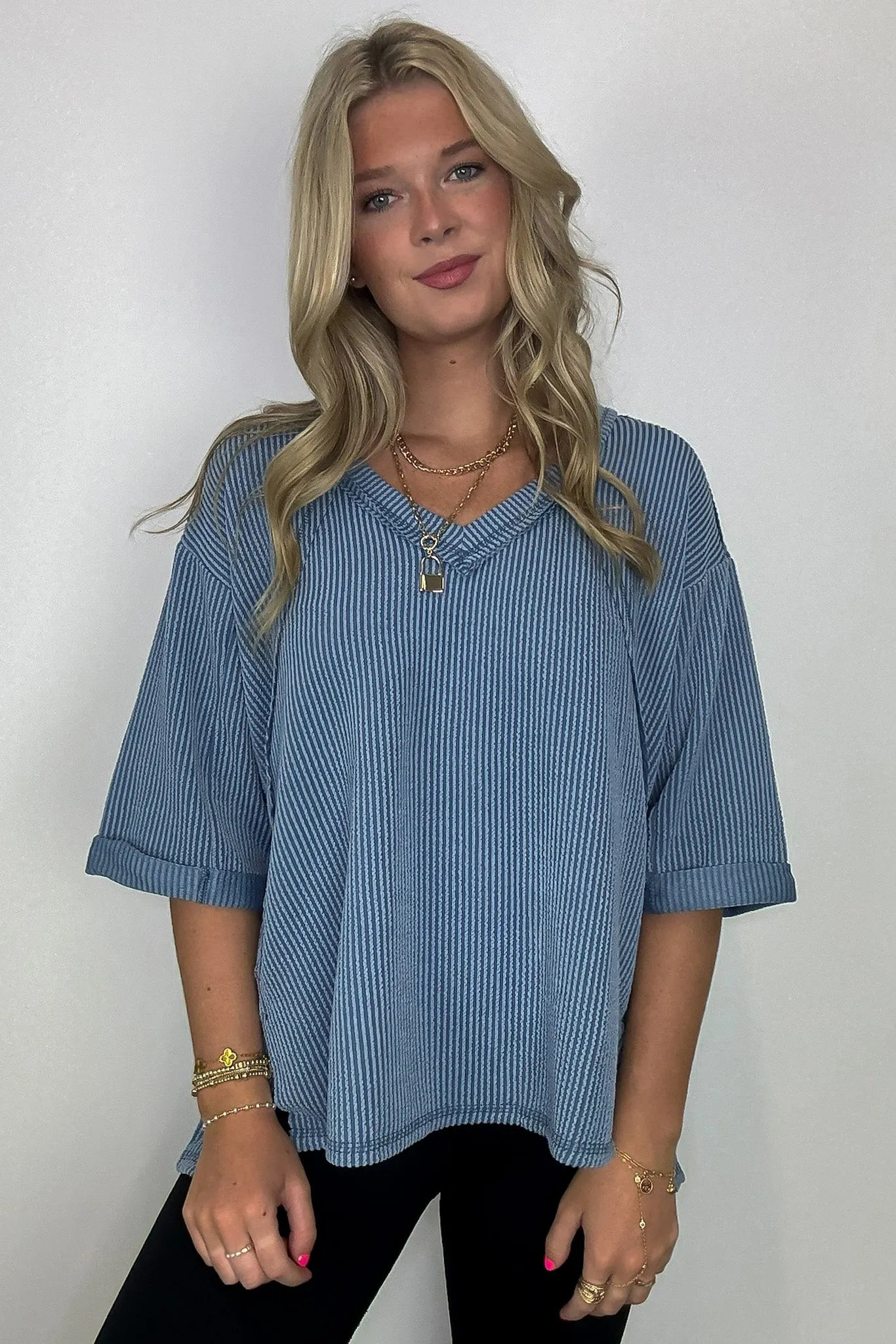 Relaxed Rhythm Corded Rib V-Neck Top - FINAL SALE