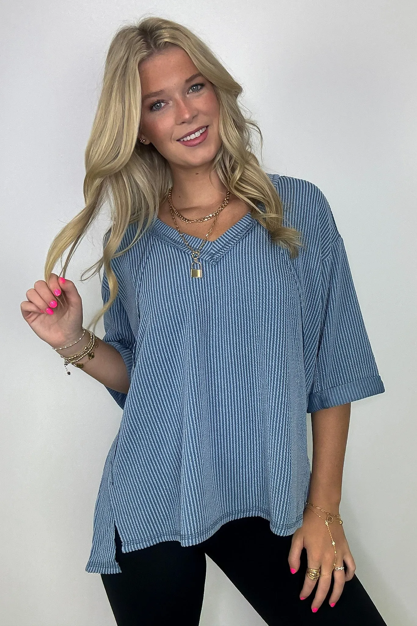 Relaxed Rhythm Corded Rib V-Neck Top - FINAL SALE