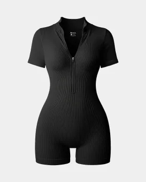 Ribbed Short Sleeve Zip Romper
