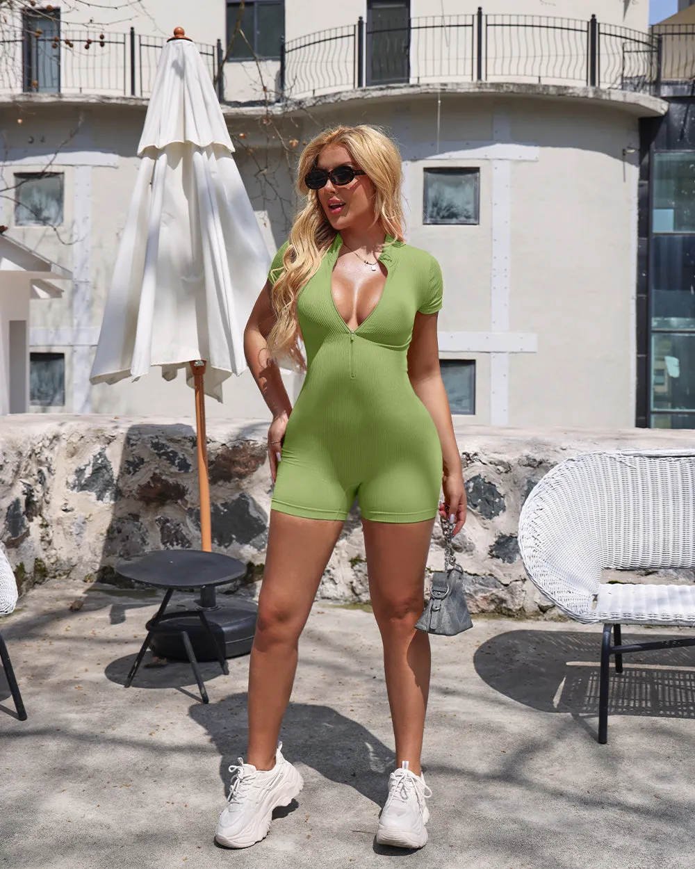 Ribbed Short Sleeve Zip Romper
