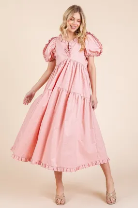 Ruffle Trim Puff Sleeve Tiered Babydoll Midi Dress