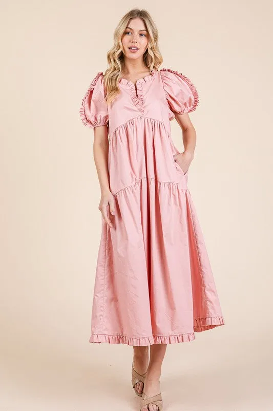 Ruffle Trim Puff Sleeve Tiered Babydoll Midi Dress