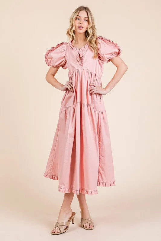 Ruffle Trim Puff Sleeve Tiered Babydoll Midi Dress