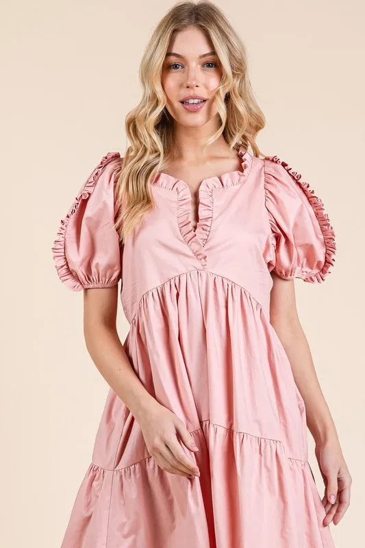 Ruffle Trim Puff Sleeve Tiered Babydoll Midi Dress