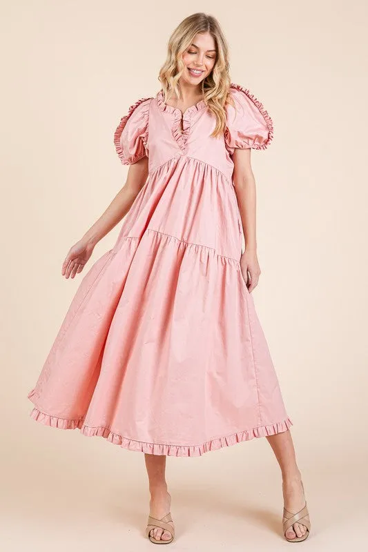 Ruffle Trim Puff Sleeve Tiered Babydoll Midi Dress