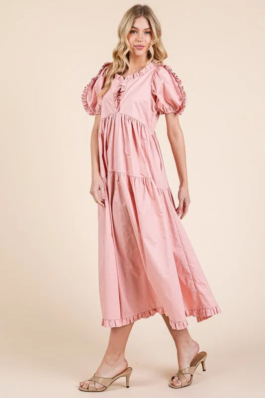 Ruffle Trim Puff Sleeve Tiered Babydoll Midi Dress