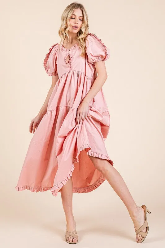Ruffle Trim Puff Sleeve Tiered Babydoll Midi Dress
