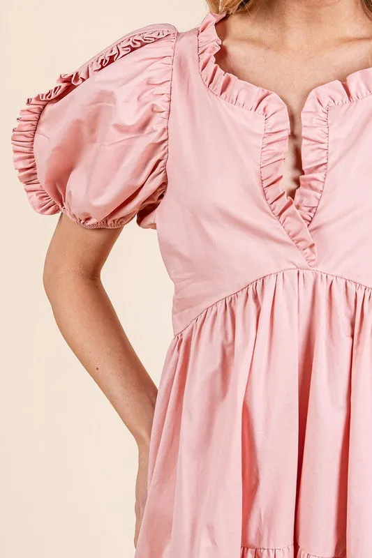 Ruffle Trim Puff Sleeve Tiered Babydoll Midi Dress