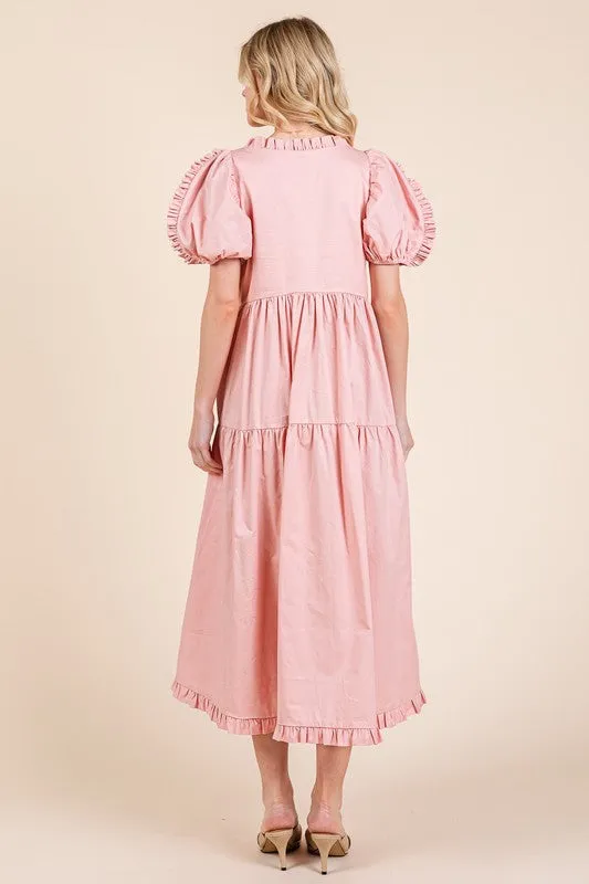 Ruffle Trim Puff Sleeve Tiered Babydoll Midi Dress