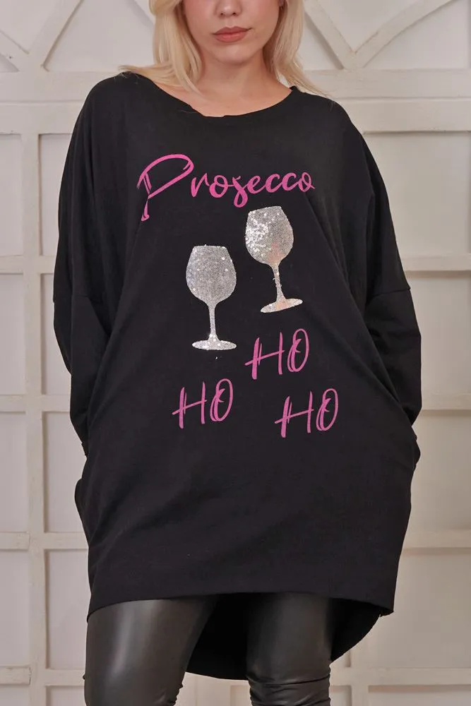 Sequin Glass Motif XMAS Dipped Hem Cotton Top