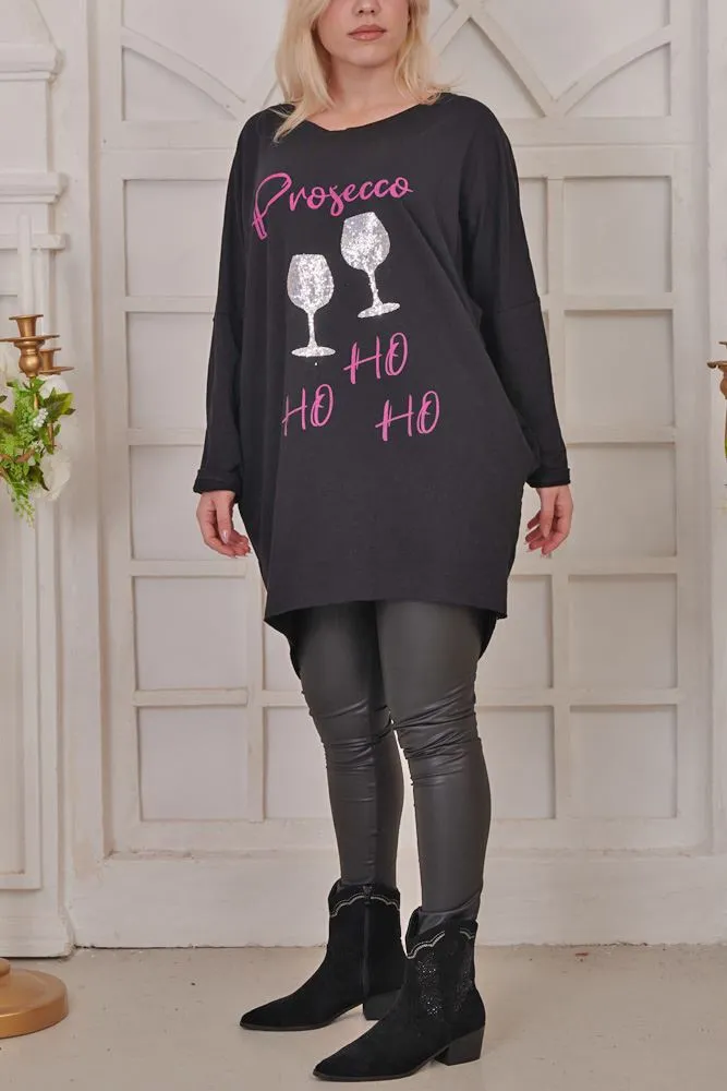 Sequin Glass Motif XMAS Dipped Hem Cotton Top