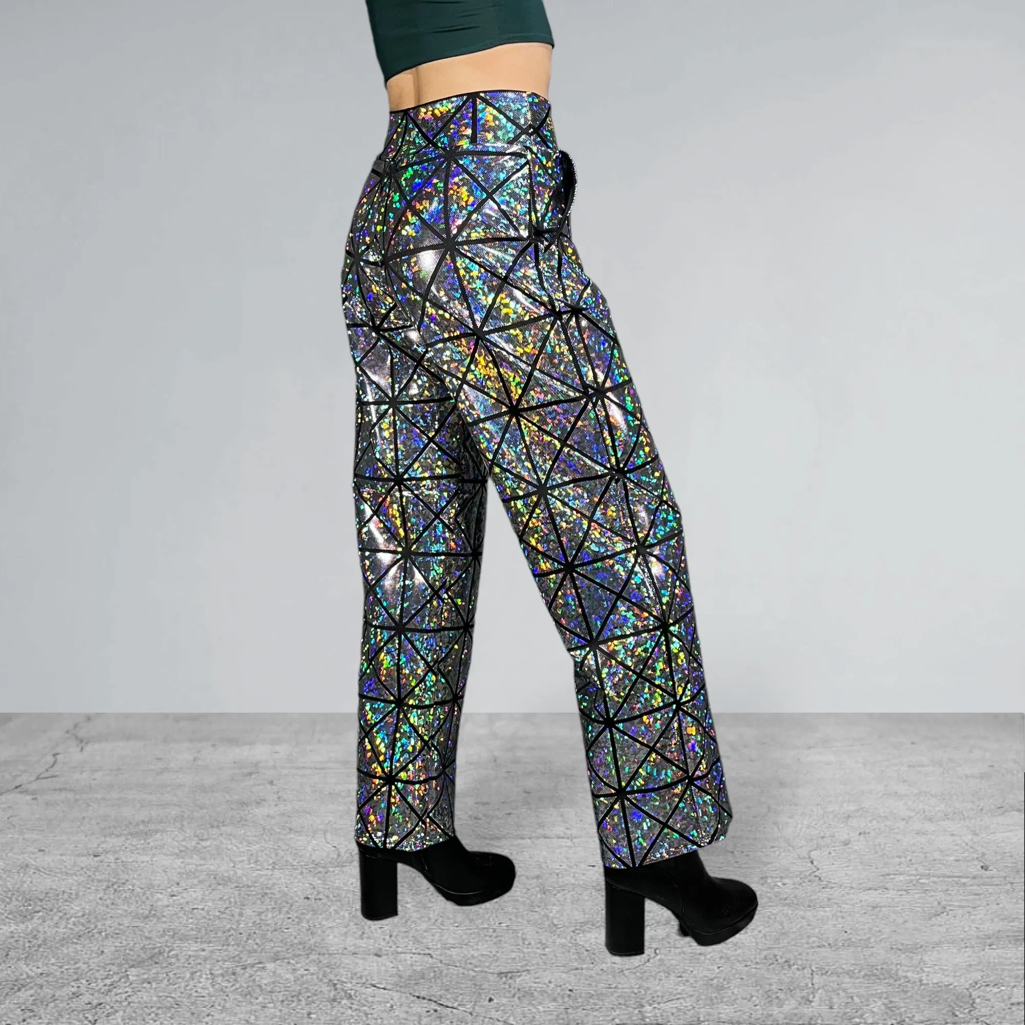 Silver on Black Glass Pane Holographic Straight Wide Leg Relaxed Fit Pants