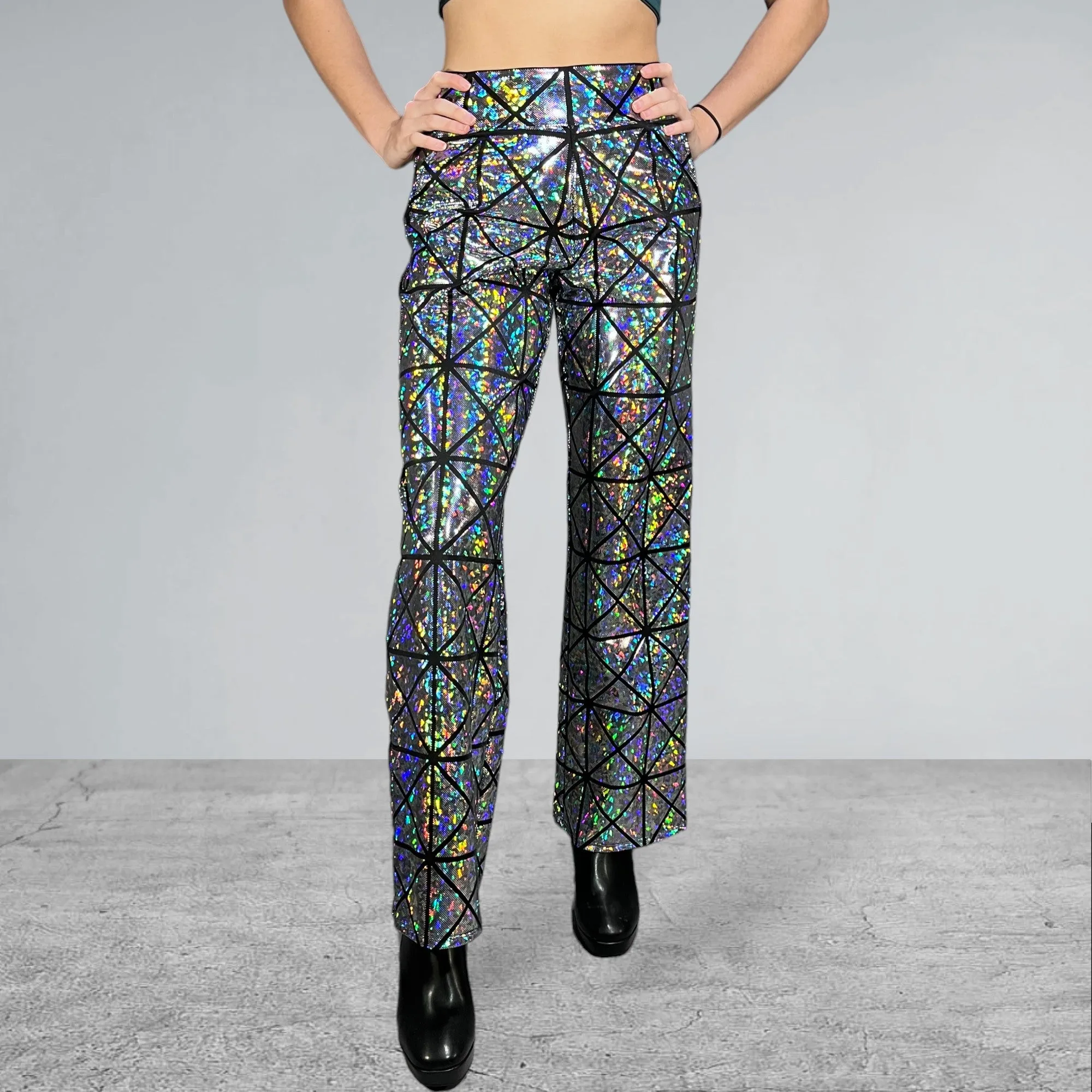 Silver on Black Glass Pane Holographic Straight Wide Leg Relaxed Fit Pants
