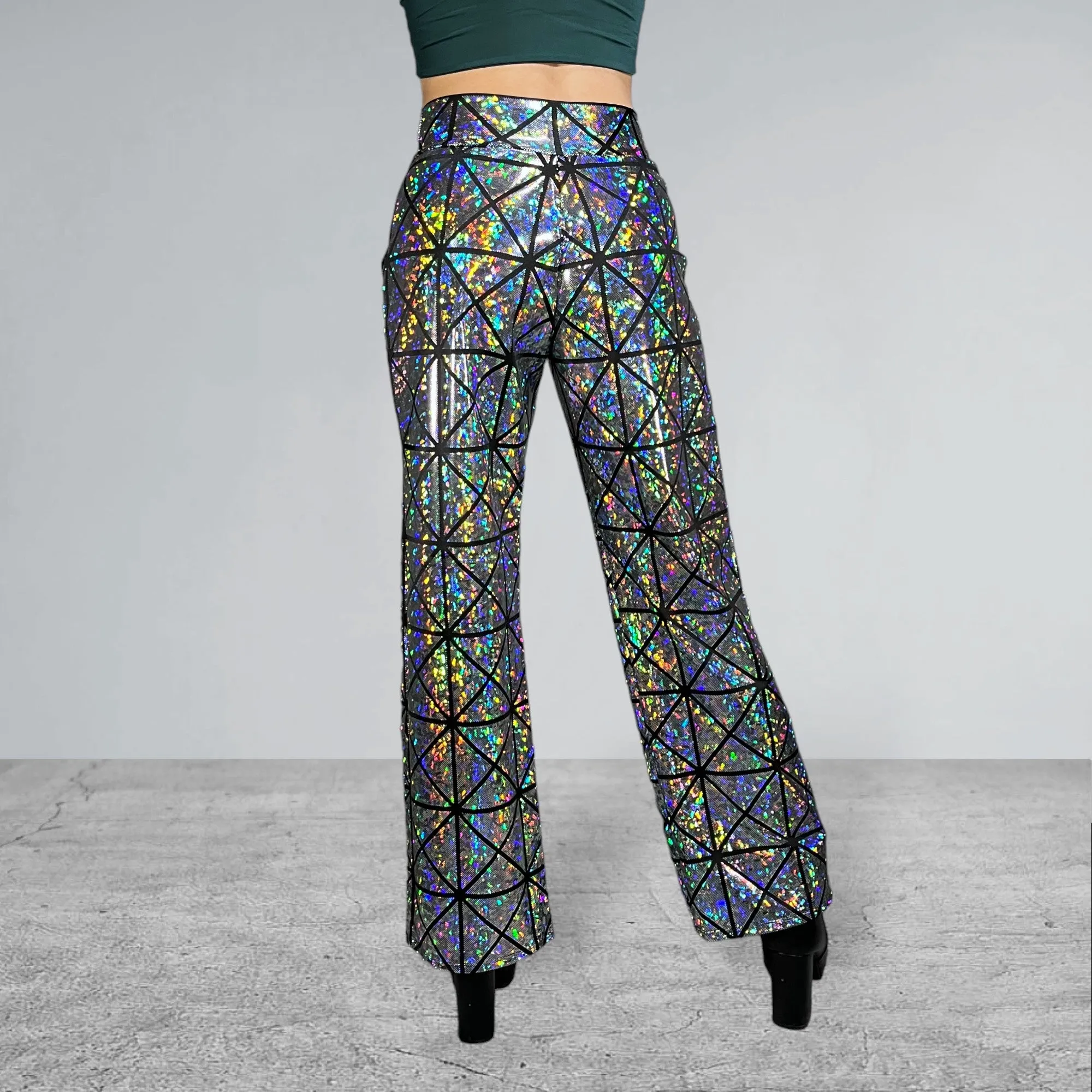 Silver on Black Glass Pane Holographic Straight Wide Leg Relaxed Fit Pants