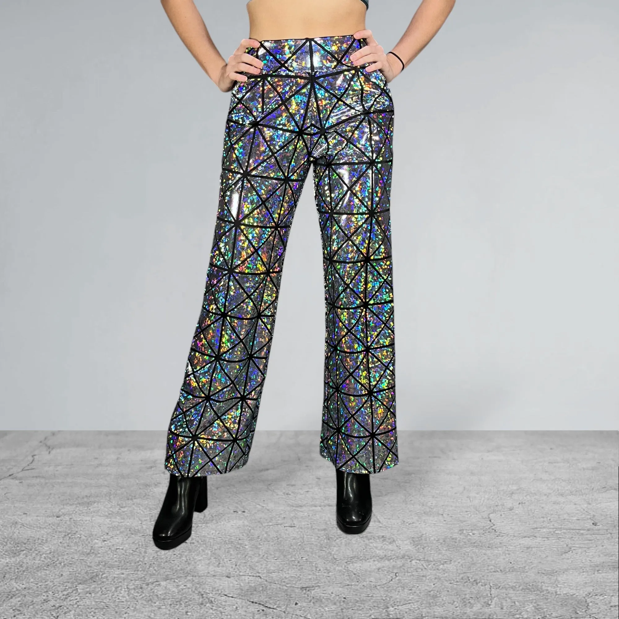 Silver on Black Glass Pane Holographic Straight Wide Leg Relaxed Fit Pants