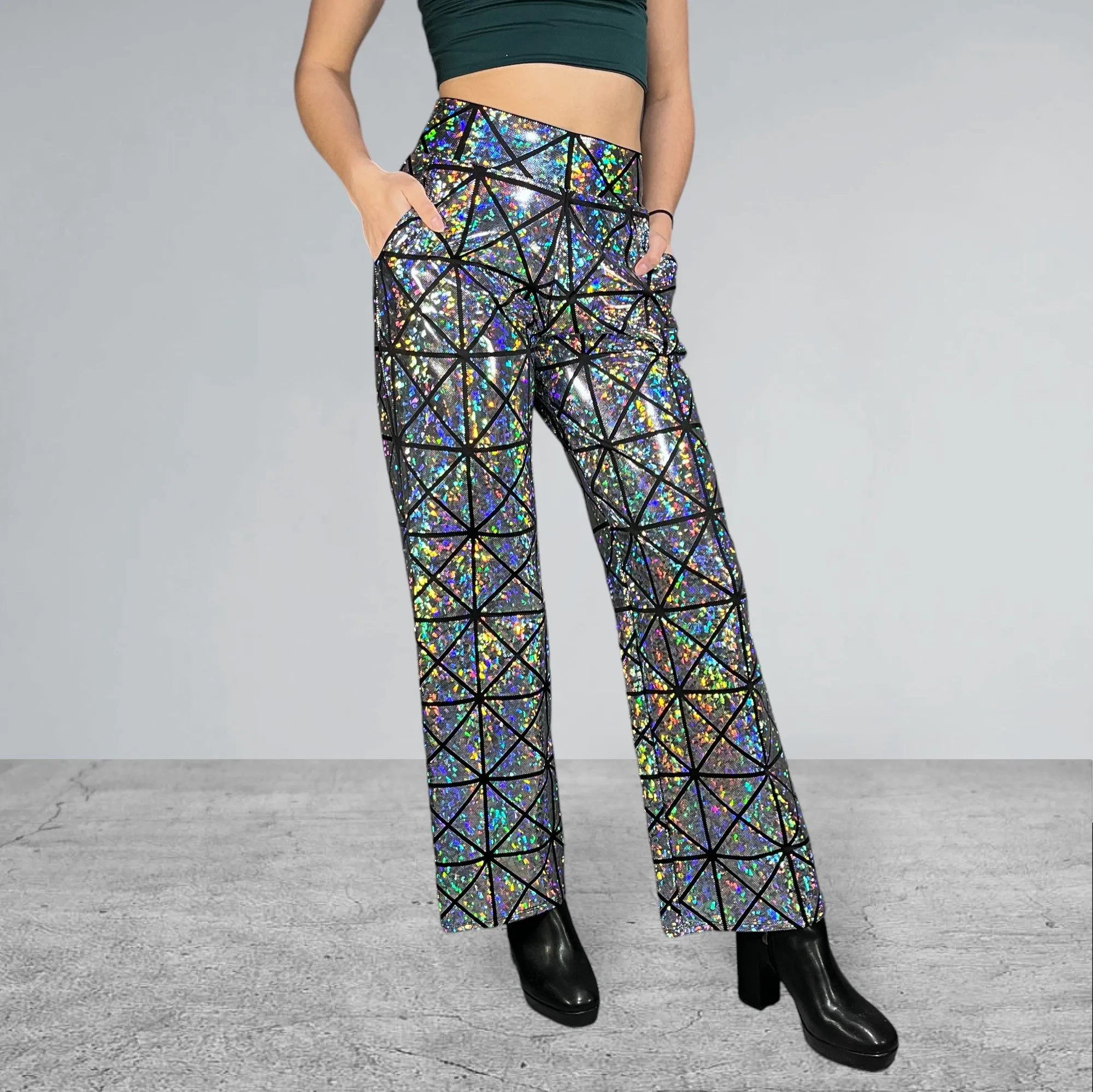 Silver on Black Glass Pane Holographic Straight Wide Leg Relaxed Fit Pants