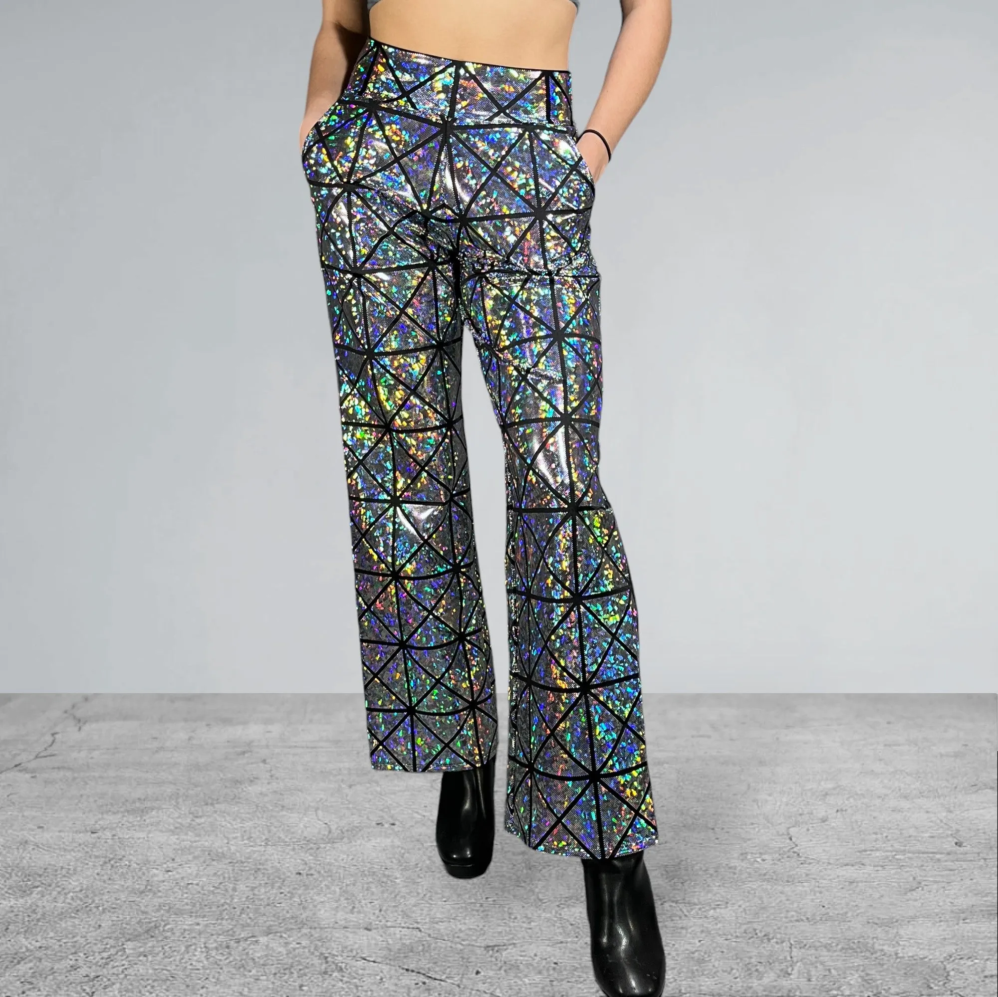 Silver on Black Glass Pane Holographic Straight Wide Leg Relaxed Fit Pants
