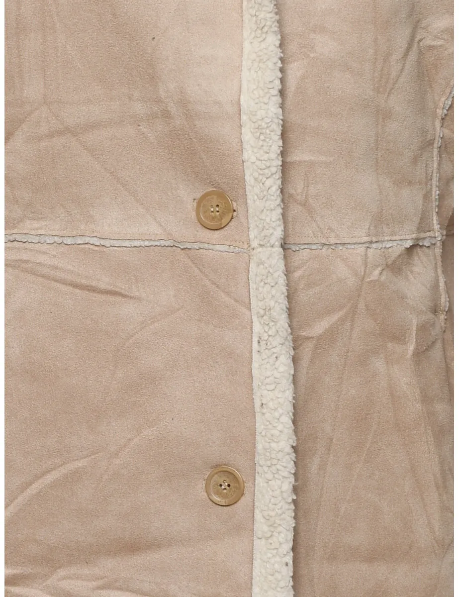 Single Breasted Beige Suede Shearling Lined Jacket - M