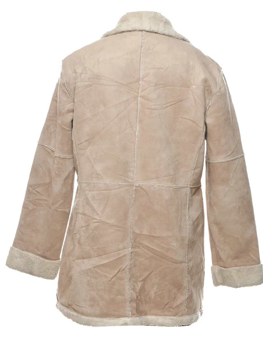 Single Breasted Beige Suede Shearling Lined Jacket - M