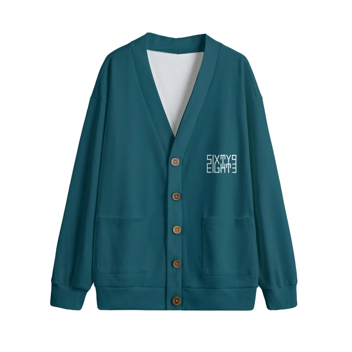 Sixty Eight 93 Logo White Dark Teal Unisex V-Neck Knitted Fleece Cardigan