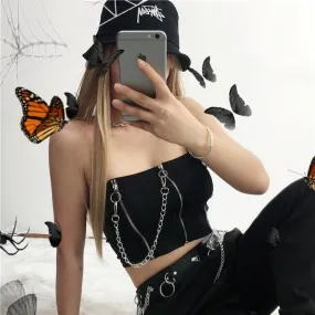 Summer Punk Gothic Tube Patchwork Zipper Chains Sexy Wrap Bralette Crop Top