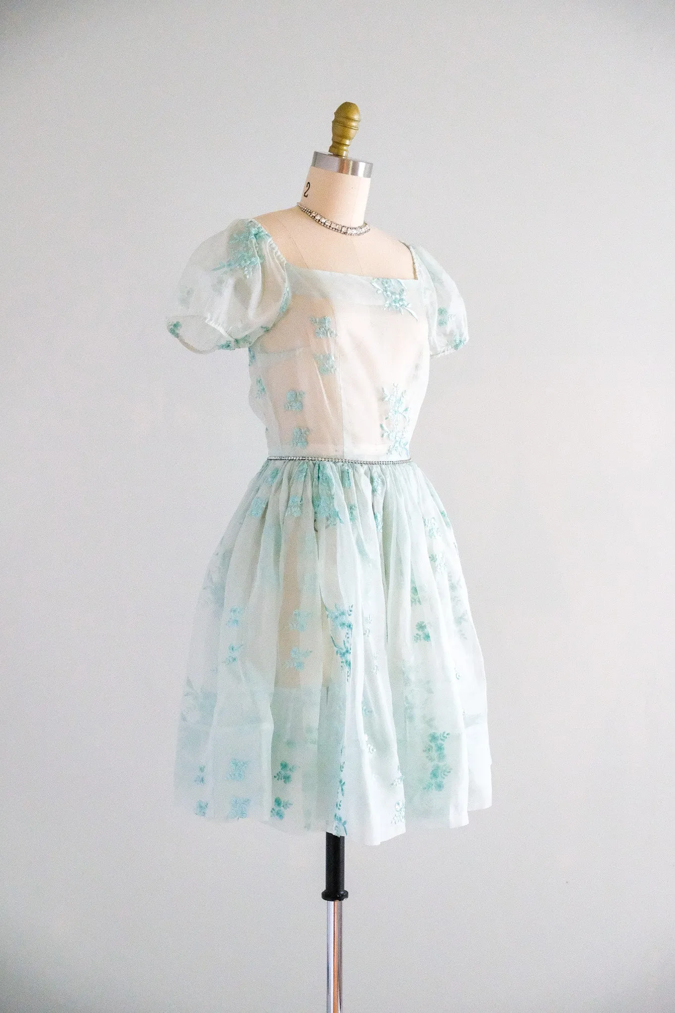Sweetest 1950's Sheer Mint Babydoll Dress with Rhinestones / Sz XS