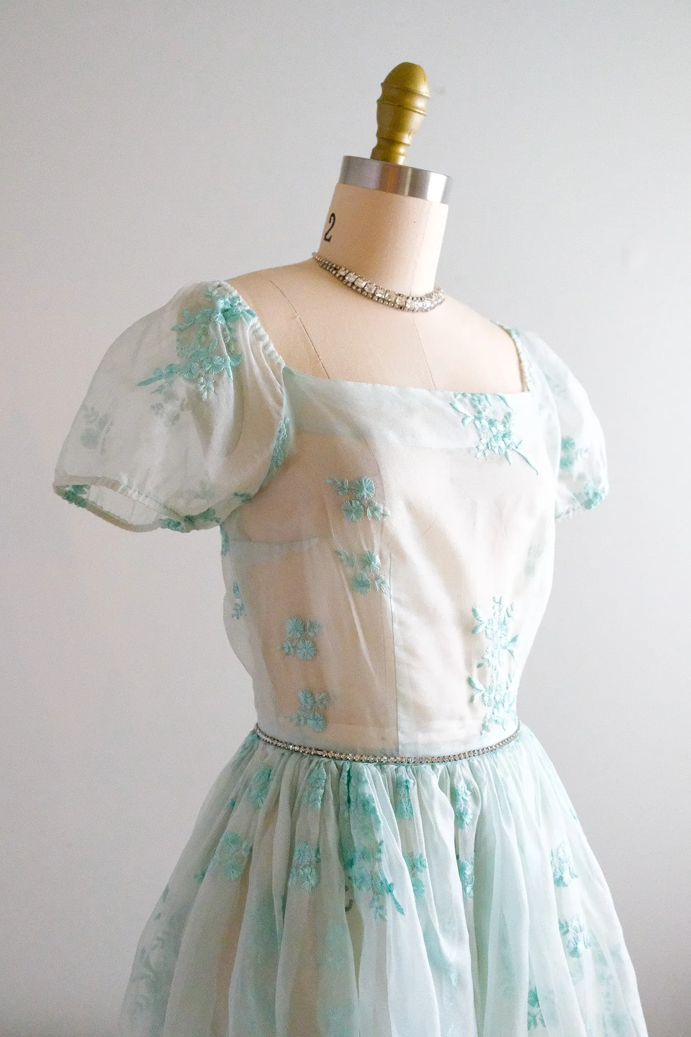 Sweetest 1950's Sheer Mint Babydoll Dress with Rhinestones / Sz XS