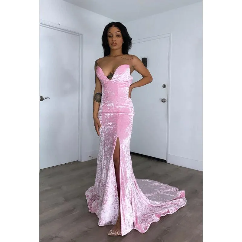 Sweetheart Strapless Sleeveless Velvet Sheath Long Prom Evening Dress With Slit