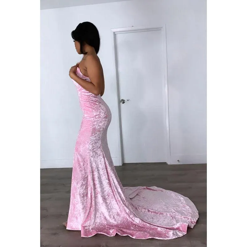 Sweetheart Strapless Sleeveless Velvet Sheath Long Prom Evening Dress With Slit