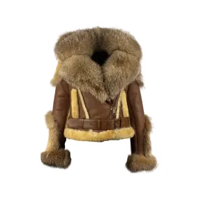 Tan Color  Biker Shearling Jacket with Crystal Fox Trim Style# 3105
