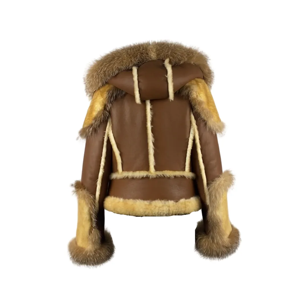 Tan Color  Biker Shearling Jacket with Crystal Fox Trim Style# 3105