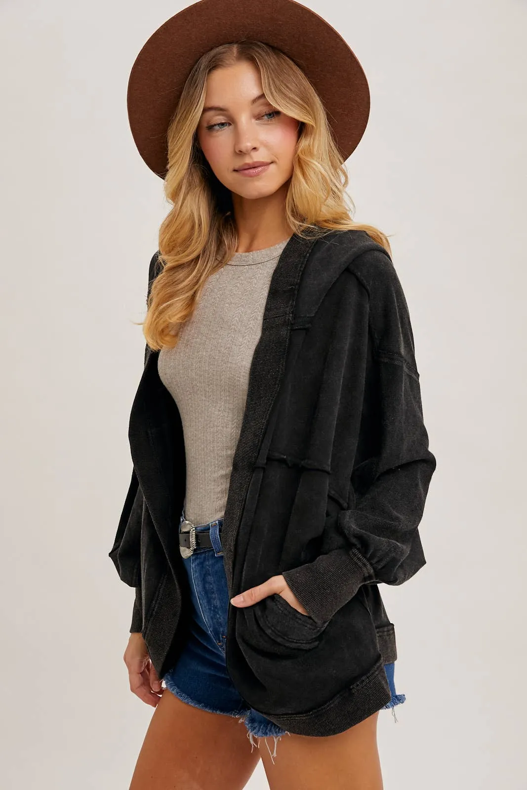 Washed Open Front Hoodie Cardigan BLACK #257