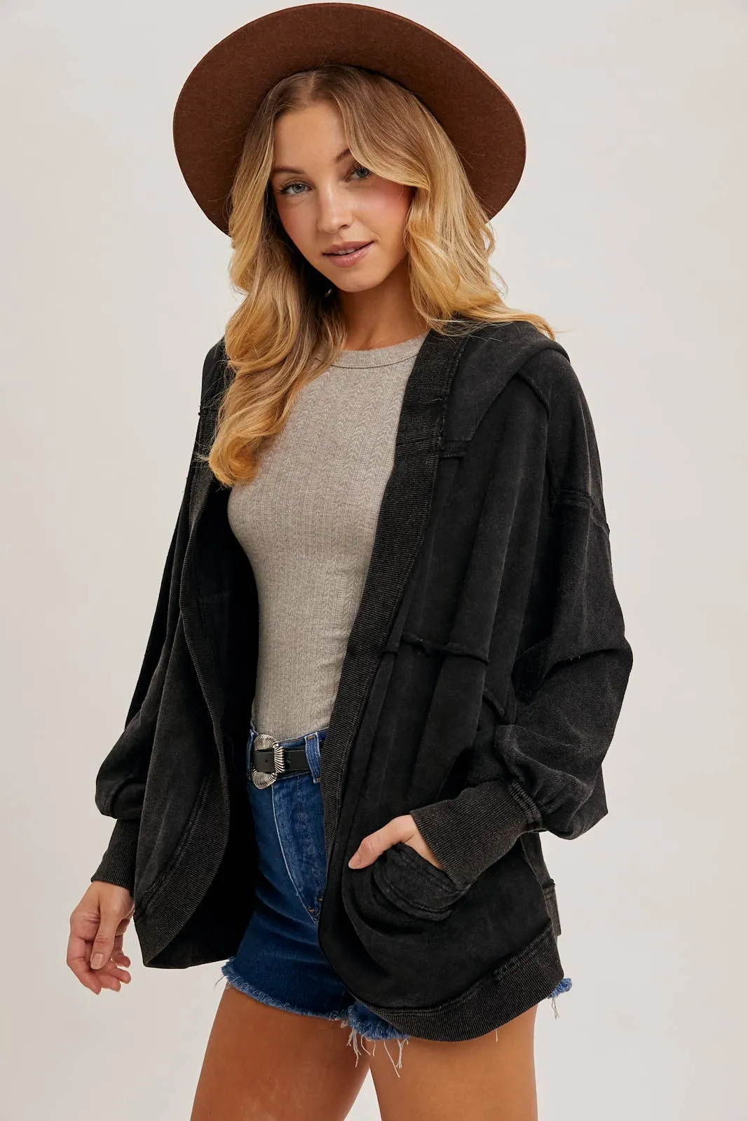 Washed Open Front Hoodie Cardigan BLACK #257