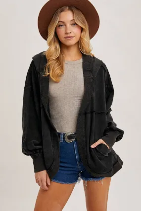 Washed Open Front Hoodie Cardigan BLACK #257