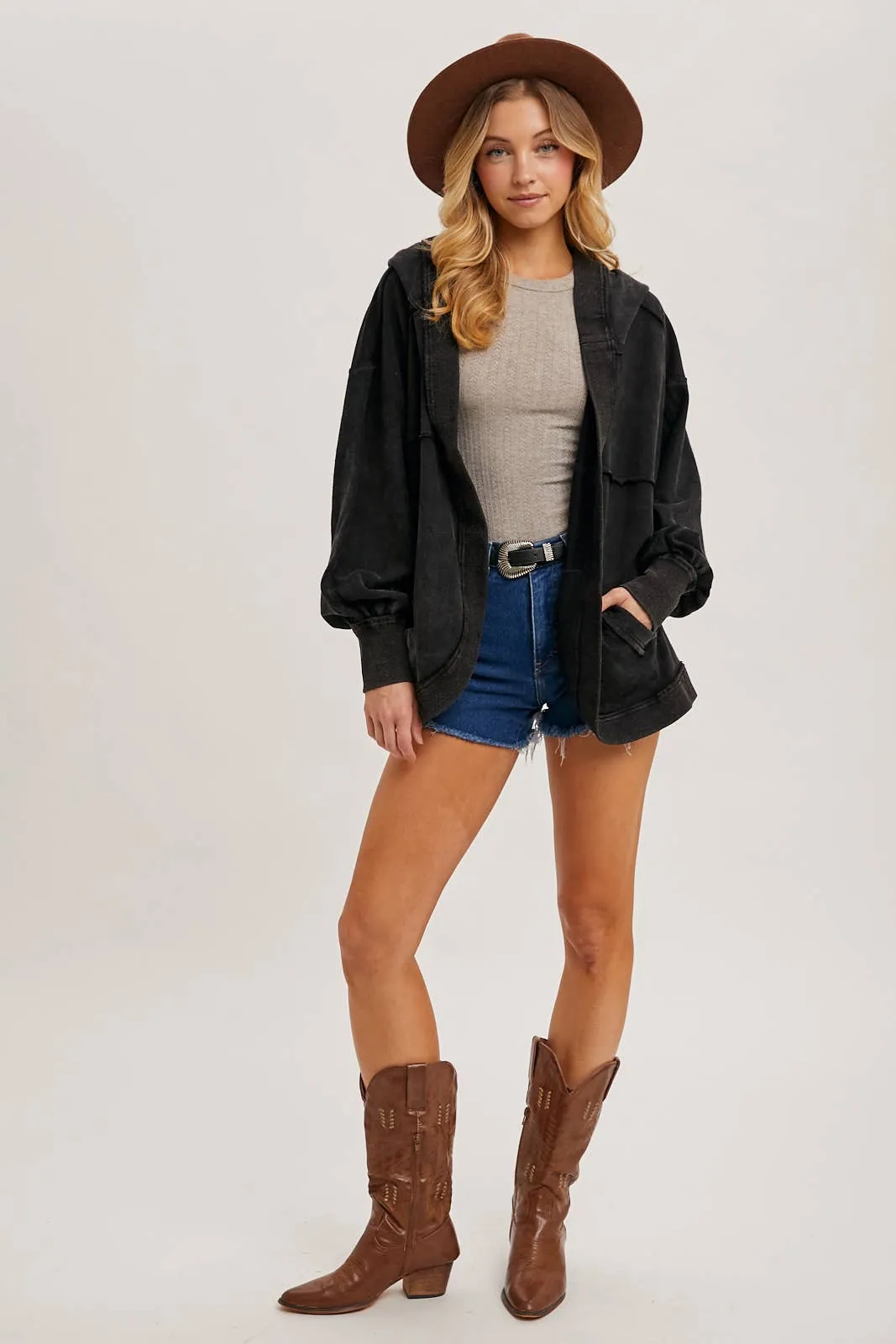 Washed Open Front Hoodie Cardigan BLACK #257
