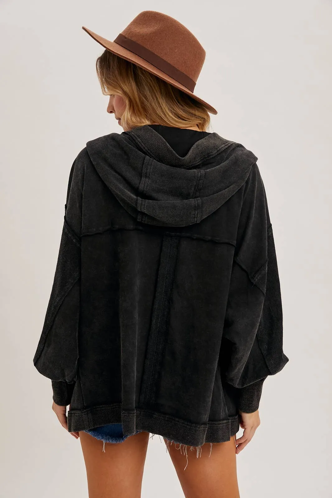 Washed Open Front Hoodie Cardigan BLACK #257
