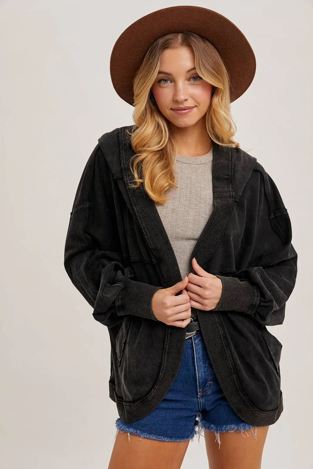 Washed Open Front Hoodie Cardigan BLACK #257