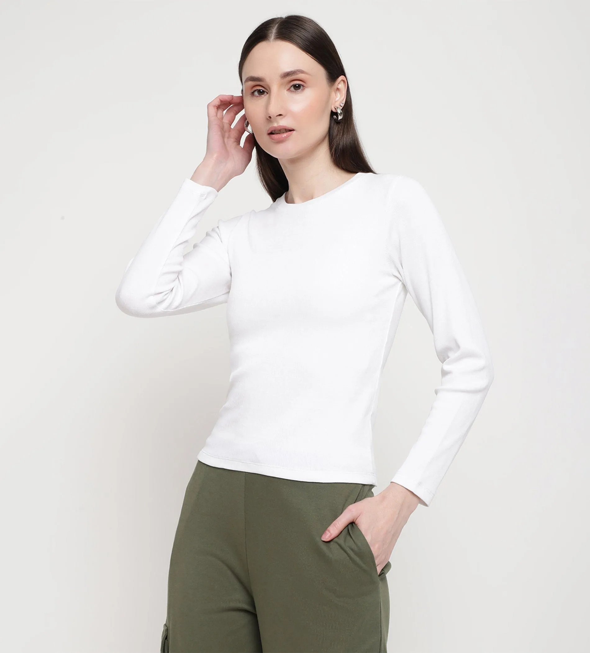 White Rib Knit Top for Women
