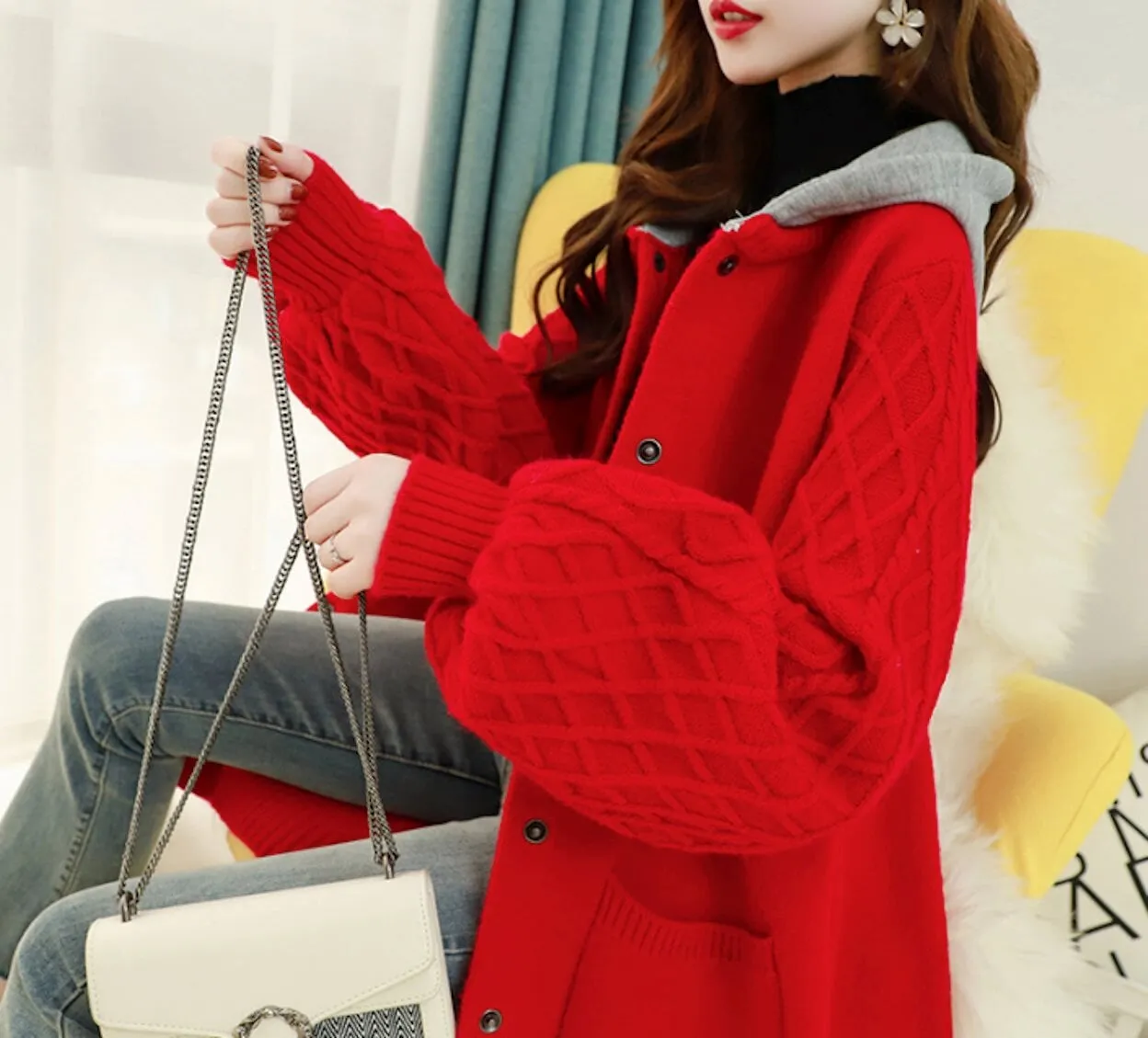 Womens Textured Long Hooded Cardigan