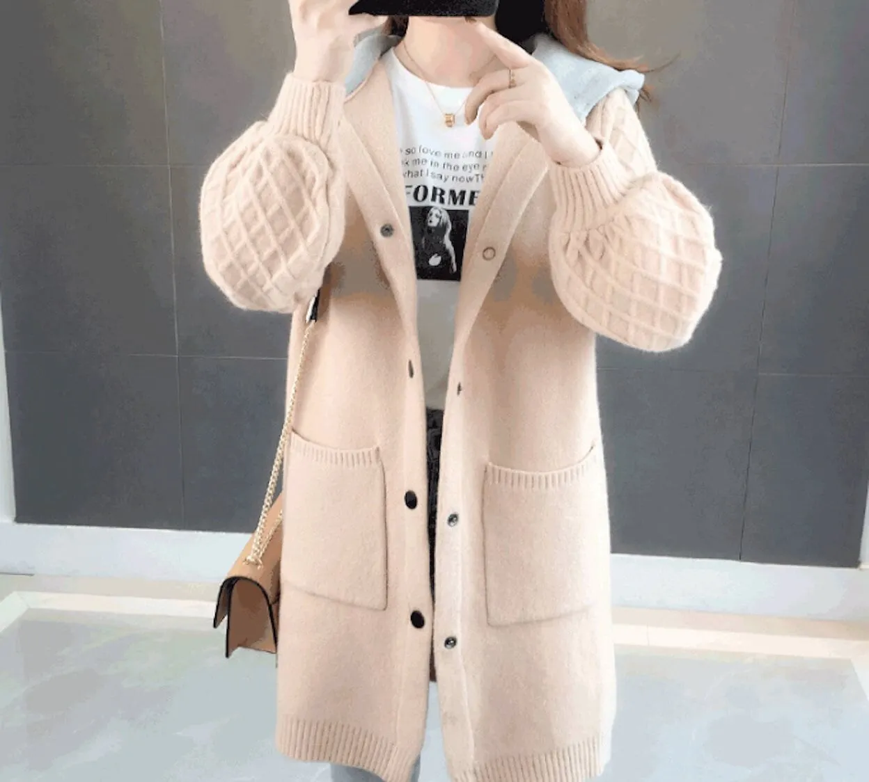 Womens Textured Long Hooded Cardigan