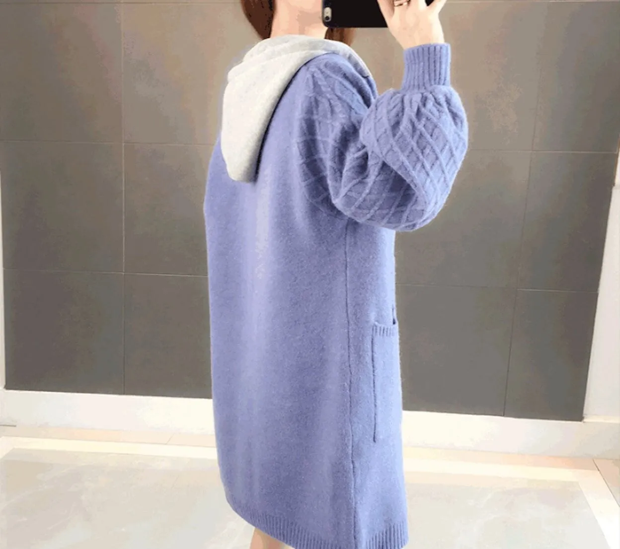 Womens Textured Long Hooded Cardigan