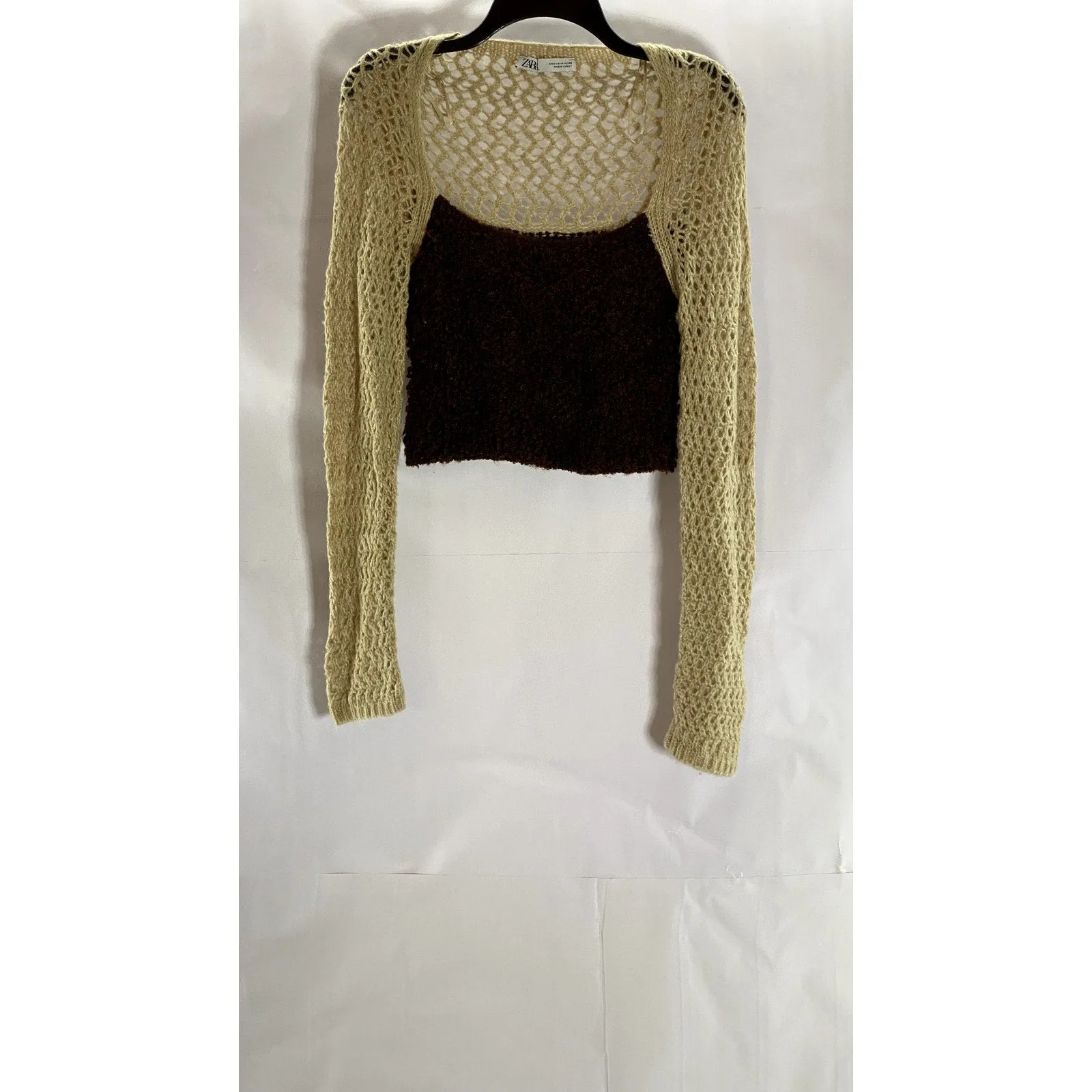 ZARA Women's Brown/Tan Knit Straight-Neck Long Sleeve Crop Top SZ M